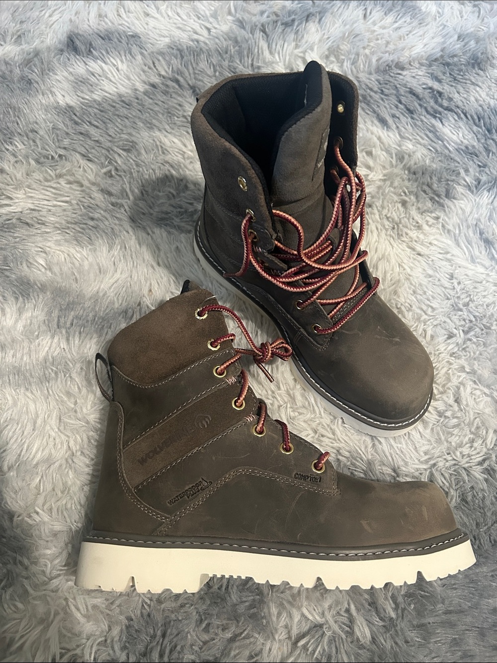 🆕 🔨💦 Wolverine Waterproof Suede Steel Toe Lace-Up Work Boots with White Lug Sole